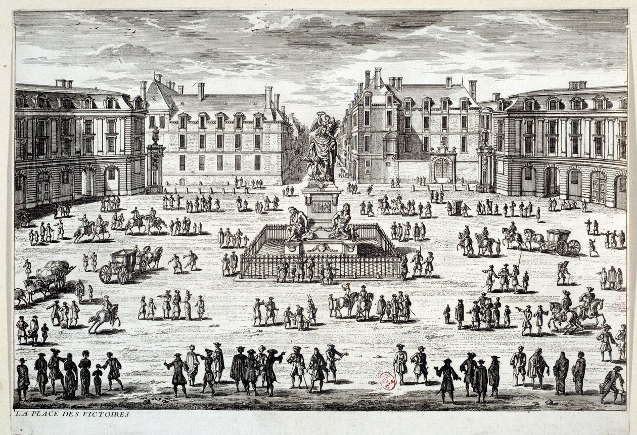 Vista de la Place des Victoires en París con la estatua de Luis XIV levantada por el mariscal de la Feuillade en 1686. Grabado del siglo XVII de Unknown artist