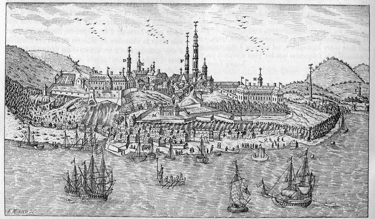 Vista de la ciudad de Quebec en Canadá (finales del siglo XVII): A. Jardín del fuerte. B. El fuerte. C. Almacén de pólvora. D. Los Recoletos. E. Ursulinas. F. Los Jesuitas. G. La catedral. H. El seminario. I. Hotel Dieu. L. Hospital General. Sr. L