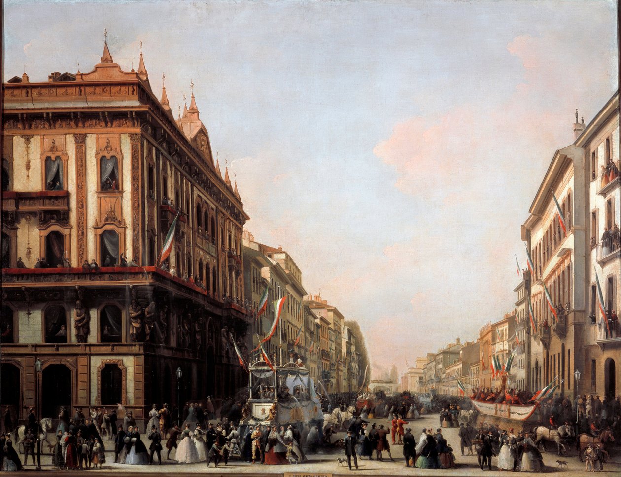 Vista de la calle Venezia con carroza de carnaval, Milán (pintura) de Unknown artist