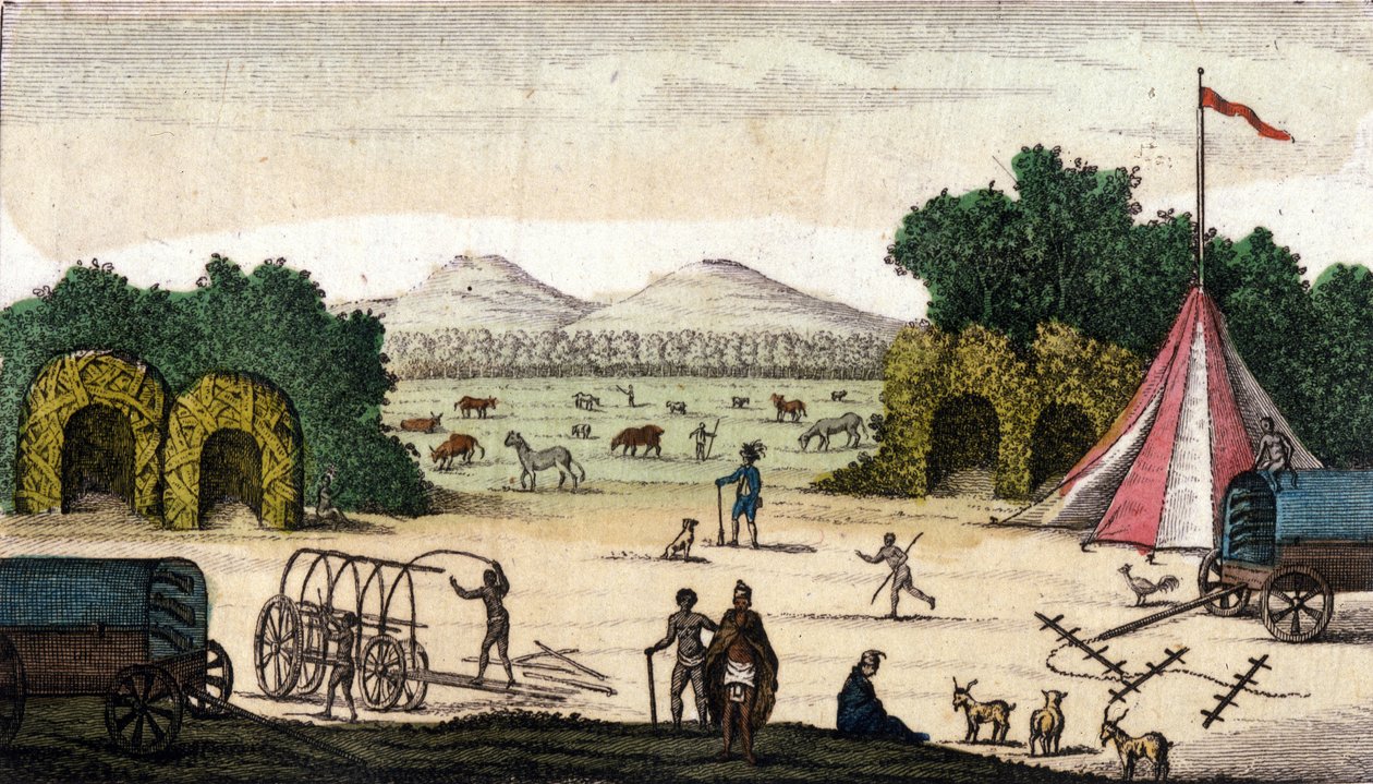 Vista de un campamento holandés (de pioneros bóers o voortrekkers, afrikáners) en Pampoen Kraal, Provincia del Cabo, Sudáfrica. 1860 de Unknown artist