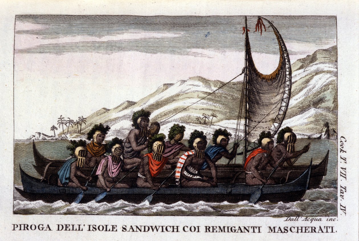 Vista de una canoa con velas de las islas hawaianas en Polinesia, la tripulación lleva máscaras típicas. Litografía de principios del siglo XIX de Unknown artist
