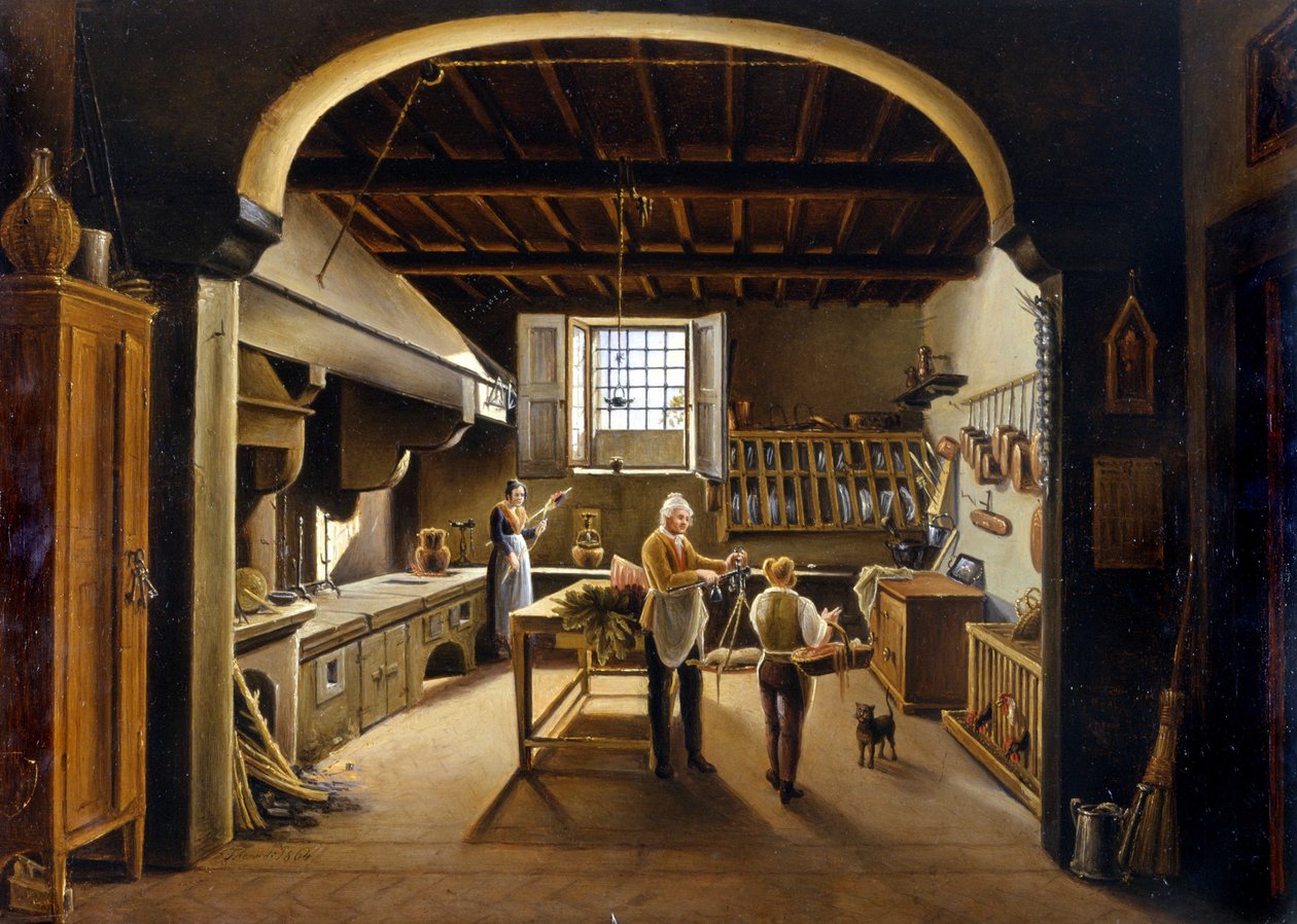 Vista de una cocina: personas ocupadas de Unknown artist