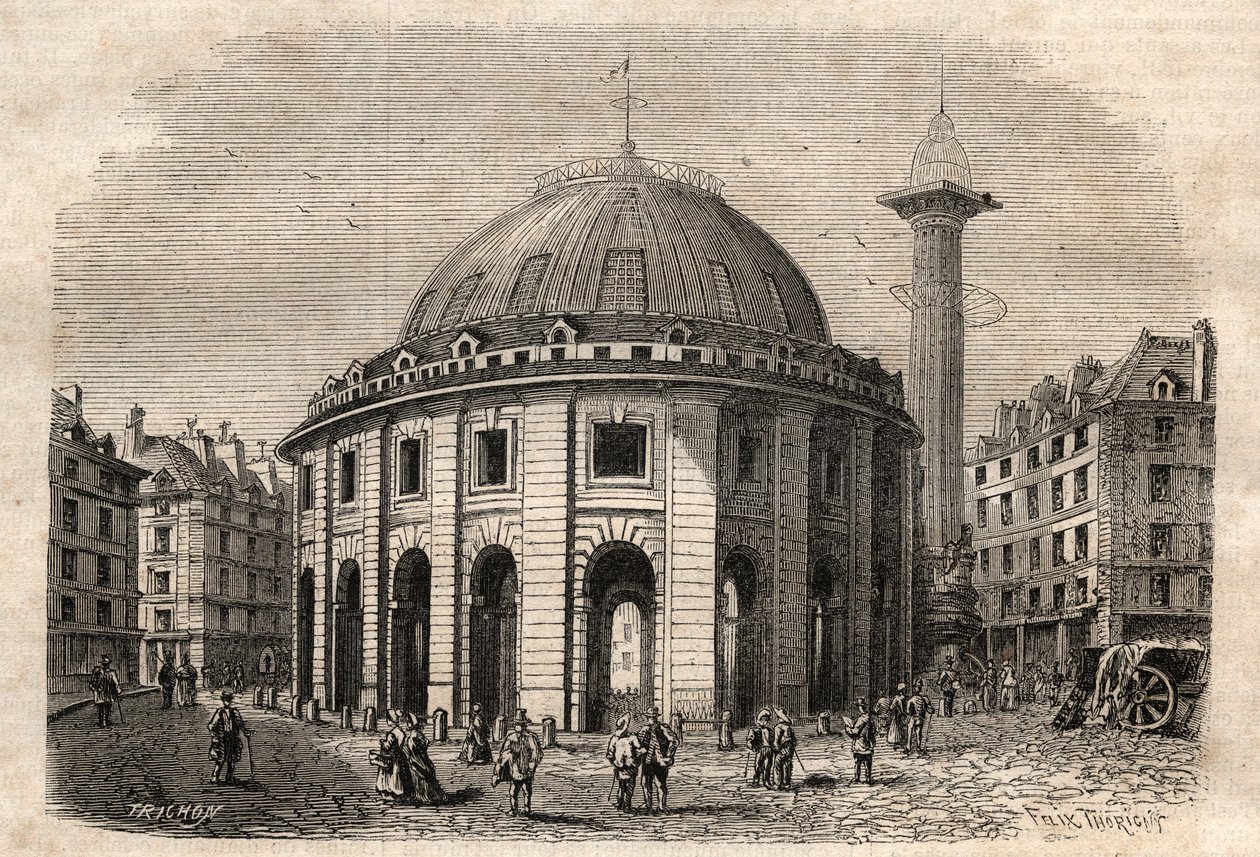Vista de la Halle au Blé en París (construida entre 1763-1769) y la columna Médici, grabado a principios del siglo XIX de Unknown artist