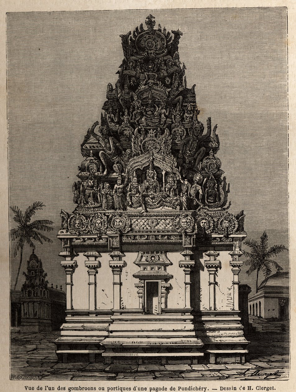Vista de uno de los gombrooons o pórticos de una pagoda de Pondichery (Pondicherry) (India). Grabado para ilustrar una expedición a la pagoda de Chillambaran (costa de Coromandel), de 1838 a 1844, por el contralmirante Paris, director del depósito de carta de Unknown artist
