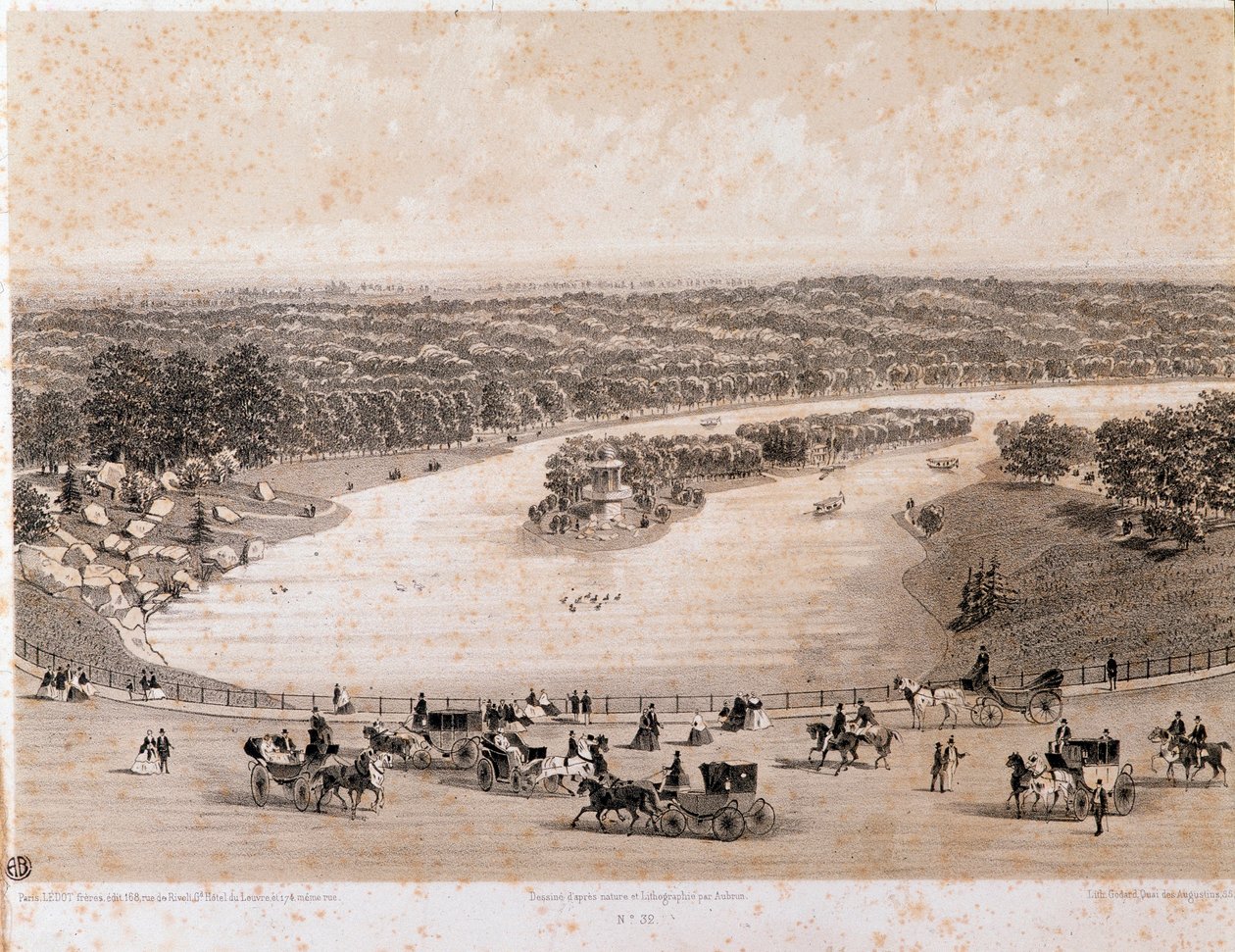 Vista del Bois de Boulogne en París. Litografía de 1850. Colección privada de Unknown artist