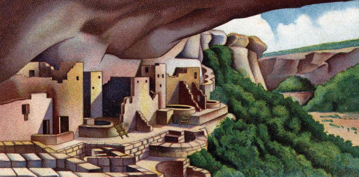 View of the Cliff Palace (Ancient Pueblo Building) Mesa Verde National Park, USA (Vista del Palacio del Acantilado, la vivienda más grande del acantilado en América del Norte, estructura construida por los antiguos Pueblo se encuentra en el Parque Nacional de Unknown Artist