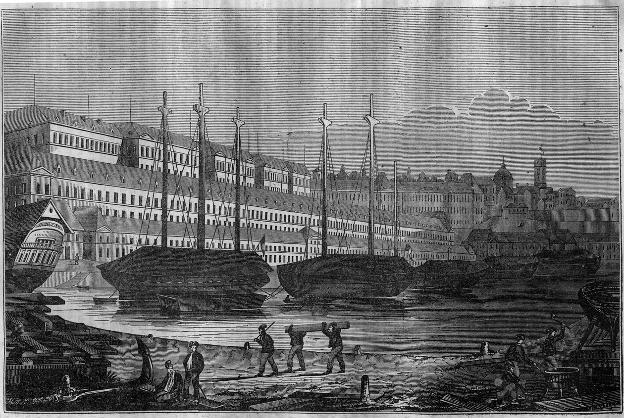 Vista de las Corderías, el Bagne y la torre de Saint Louis en Brest. En "La tienda pintoresca" 1835 de Unknown artist