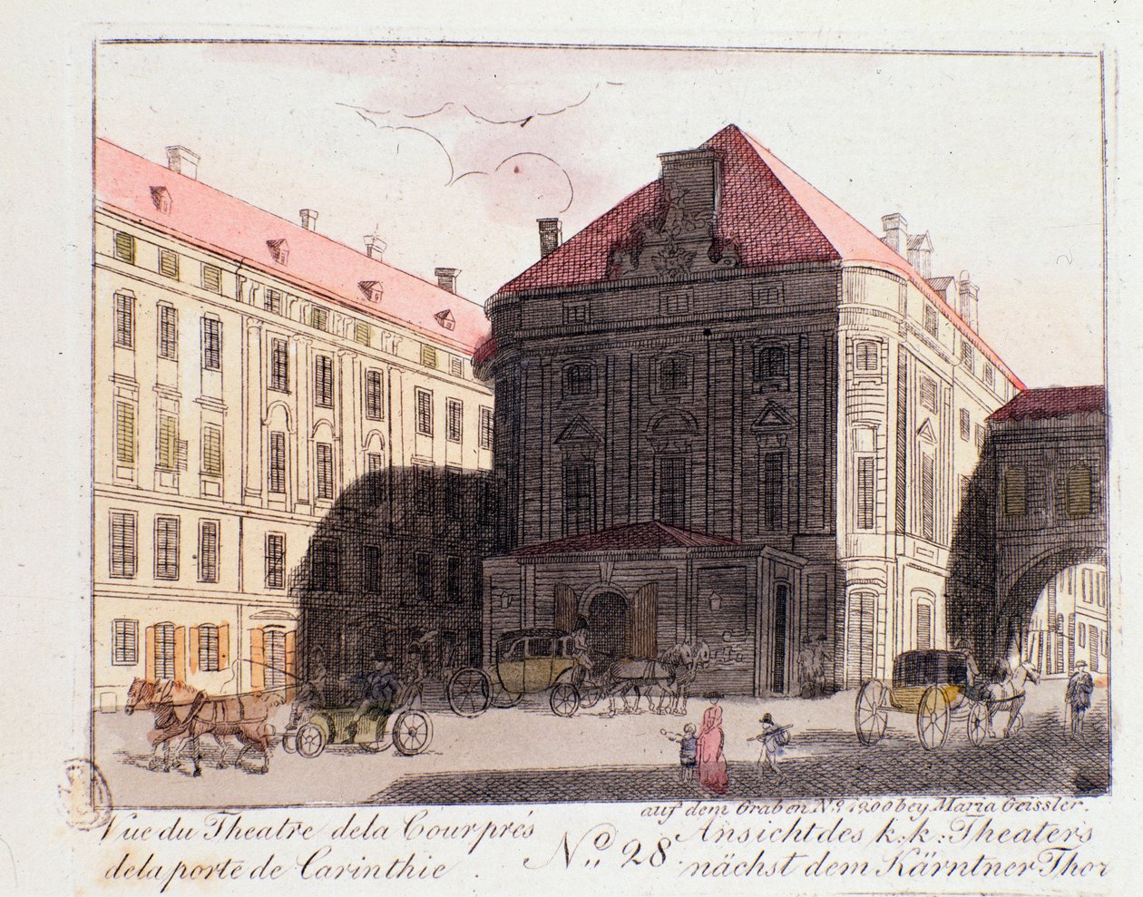 Vista del Teatro de la Corte cerca de la Puerta de Carintia (Karntnertortheater o Theater am Karntnertor) en Viena donde se representó por primera vez la 9ª Sinfonía de Beethoven el 07/05/1824. Austria. Grabado de 1815 Colección privada de Unknown artist