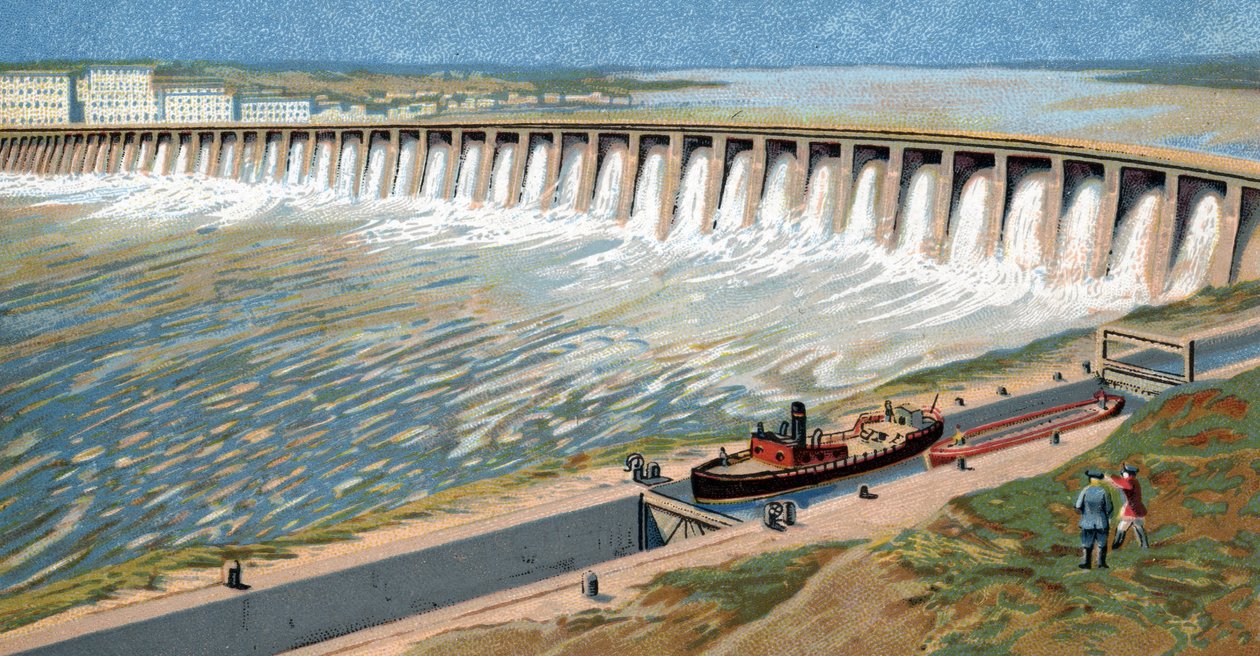 Vista de la central hidroeléctrica del Dniéper o presa de Dneprostroi construida para estimular la industrialización soviética por Iosef Stalin en 1932 Cromolitografía de Unknown Artist