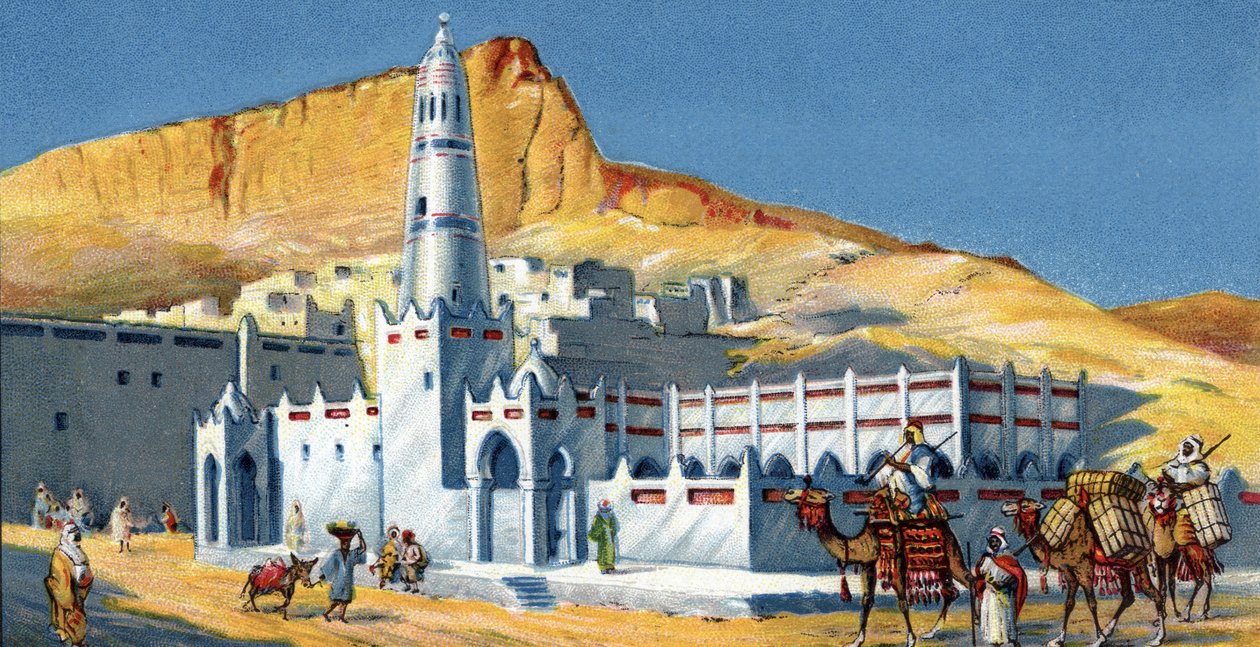 Vista de la mezquita de Horeda, desierto de Hadramaout, Yemen (Horeda Mosque Hadramaut Yemen) Cromolitografía de 1930 Colección particular de Unknown Artist