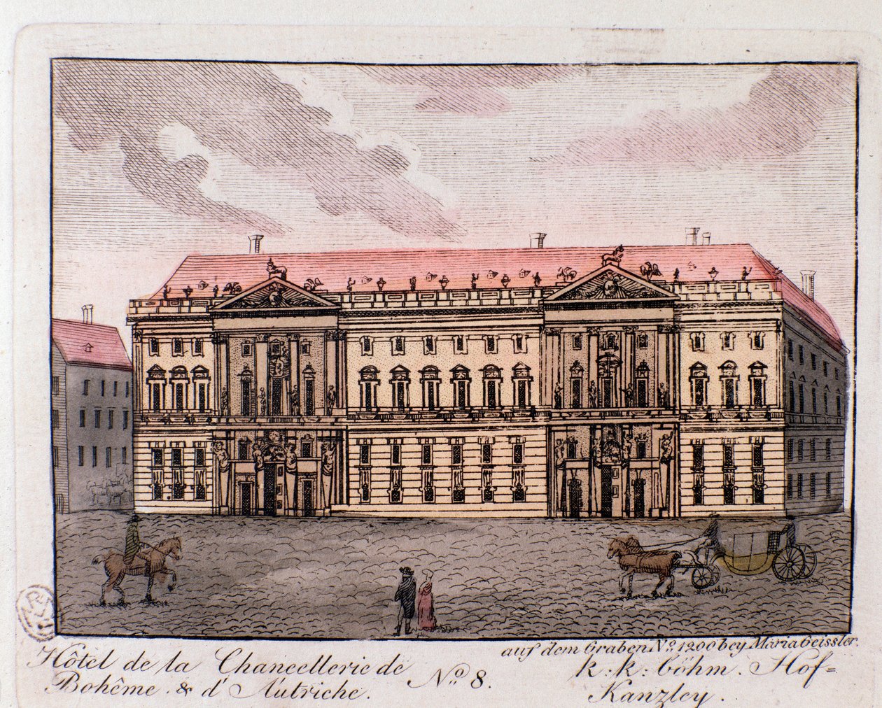 Vista del Hotel de la Cancillería de Bohemia y Austria en Viena, Austria. Grabado de 1815. Colección privada de Unknown artist