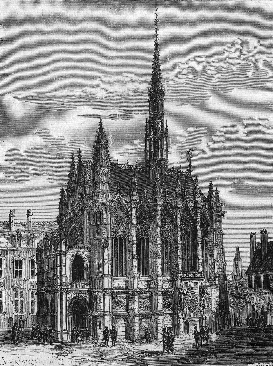 Vista de la iglesia de Sainte Chapelle en París. Grabado de L