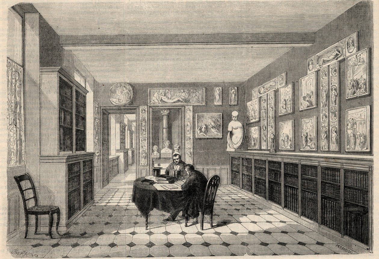 Vista de la biblioteca Victor Cousin en la Universidad de la Sorbona en París. Grabado en “L