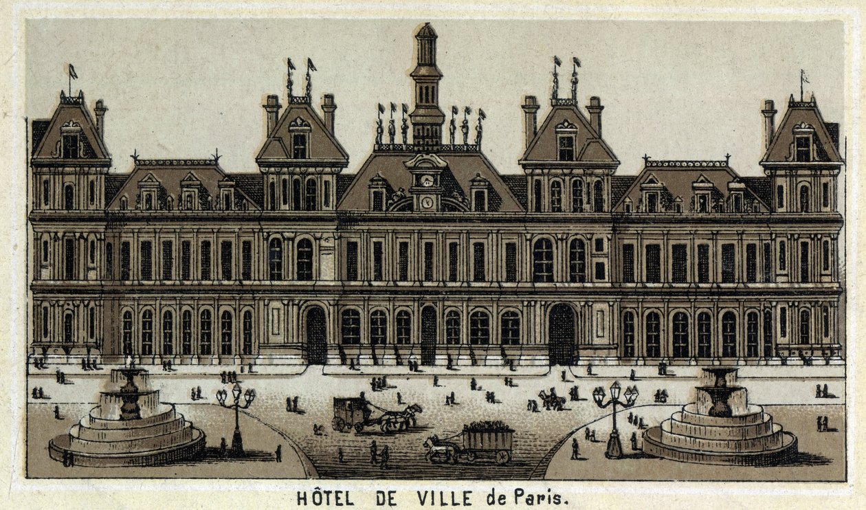 Vista del ayuntamiento de París y la Plaza. Cromolitografía de finales del siglo XIX. de Unknown artist
