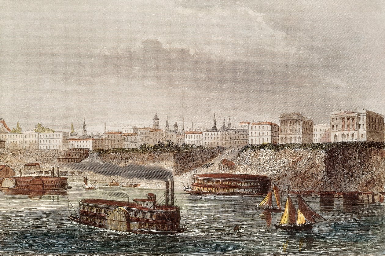 Vista de la ciudad de Cincinnati y el río del mismo nombre en Ohio. Barcos de vapor y rueda navegando. Grabado del siglo XIX de Unknown artist