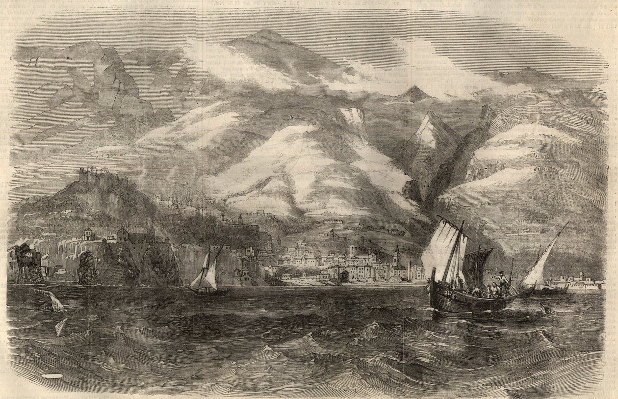 Vista de la ciudad de Funchal en la isla de Madeira en Portugal. Grabado en “The Illustrated London News” del 29 de febrero. de Unknown artist