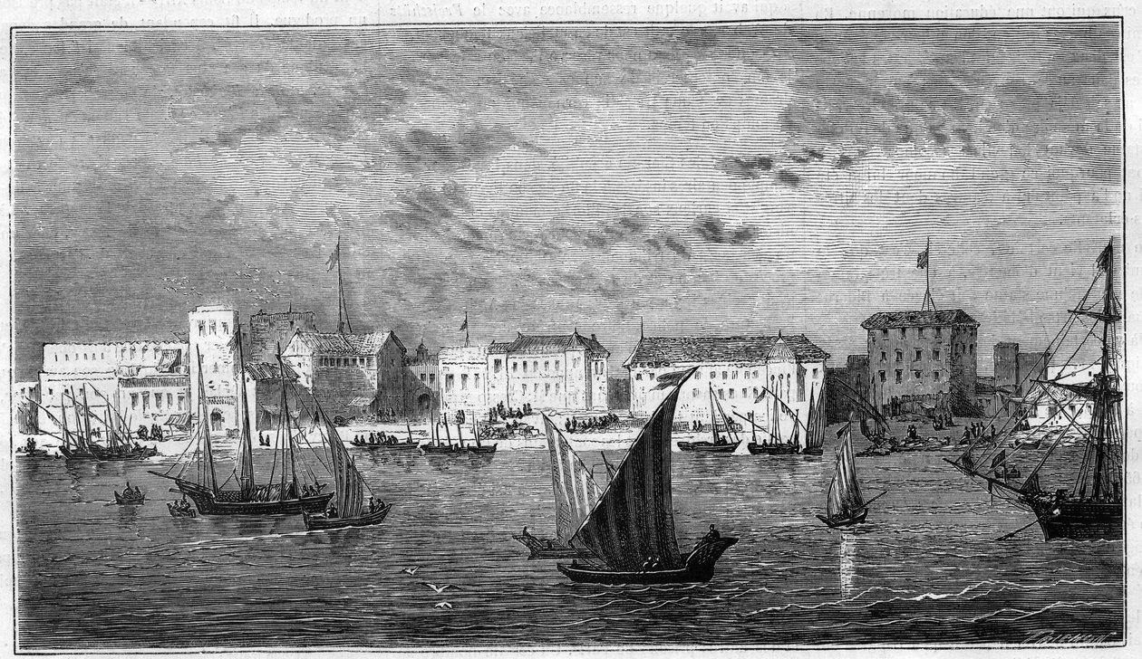 Vista de la ciudad de Zanzíbar en África. A la izquierda, el consulado francés. A la derecha, el palacio del sultán y el arsenal. Grabado en “El Universo Ilustrado” de Unknown artist