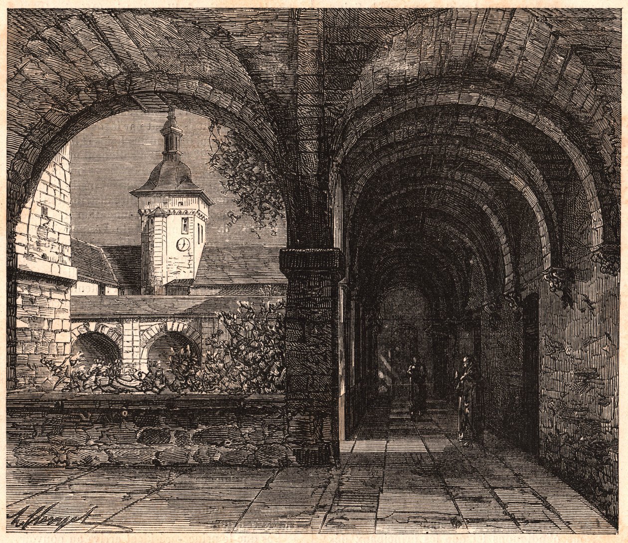 Vista del claustro de la abadía de Solesmes desde la galería, Sarthe, Francia de Unknown