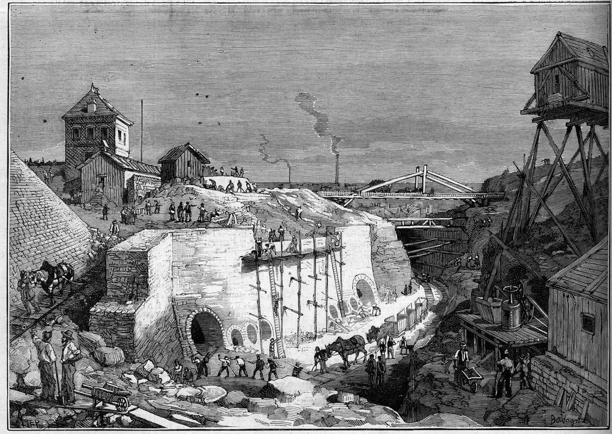 Vista del sitio de construcción de los tanques de agua potable de Villejuif. Grabado en Le Monde Illustré n°1300 del 25 de febrero de Unknown artist