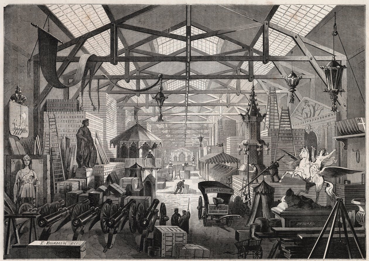 Vista de los talleres de construcción de Eugène Delessert, empresa organizadora de fiestas públicas, avenida Dauphine en París - Grabado en “Le Monde Illustré” de Unknown artist