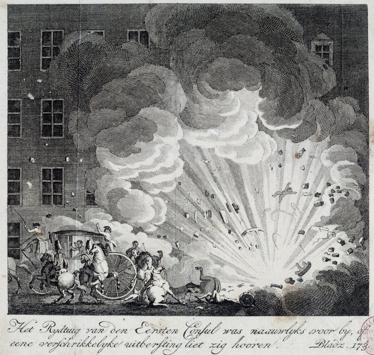 Vista de la explosión de la máquina infernal de la rue Saint Nicaise en París el 3 de nivose año IX de Unknown artist