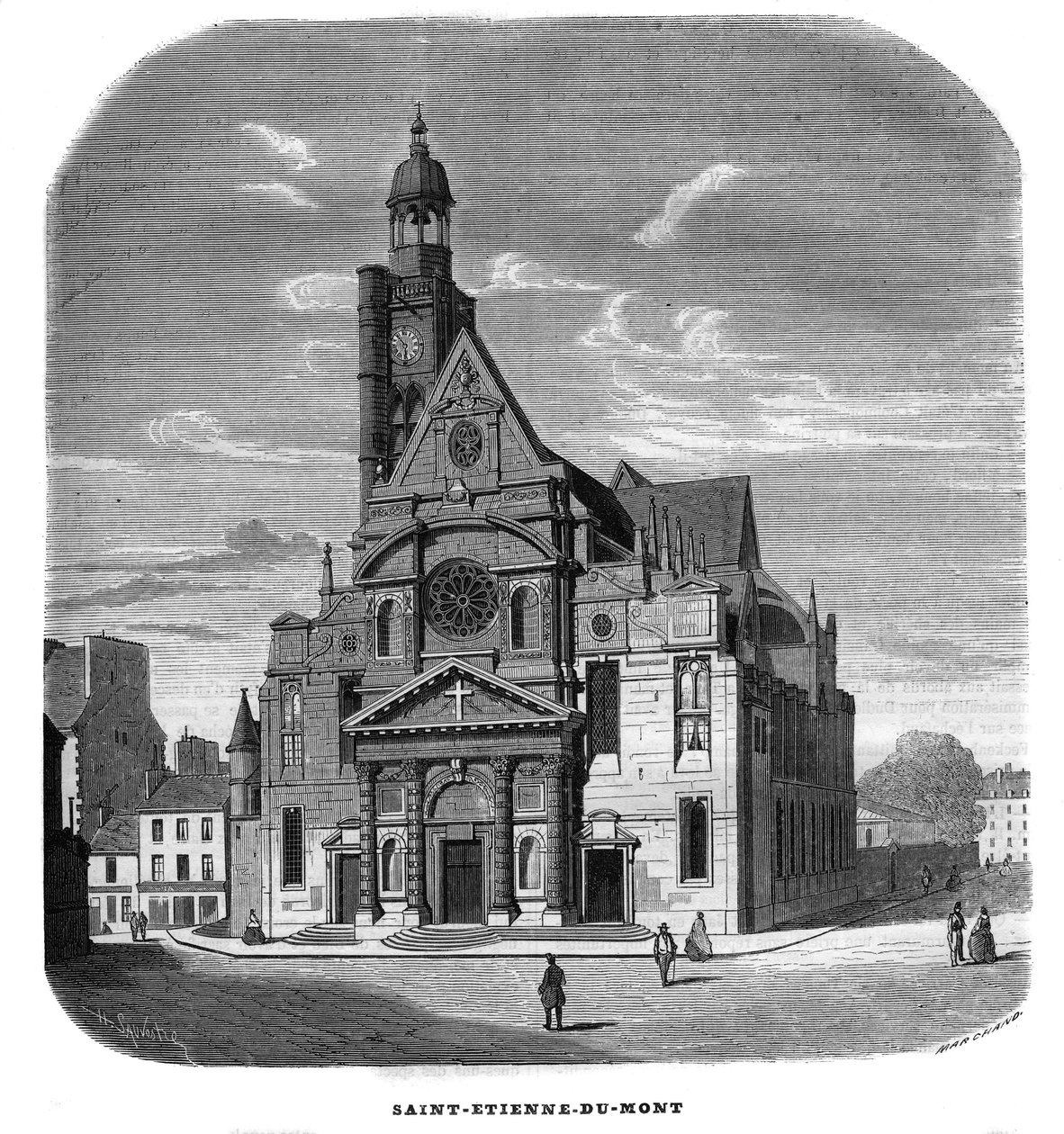 Vista de la fachada de la iglesia de Saint-Etienne-du-Mont, Place Sainte-Genevieve en París en el 5º arrondissement en 1858. de Unknown artist