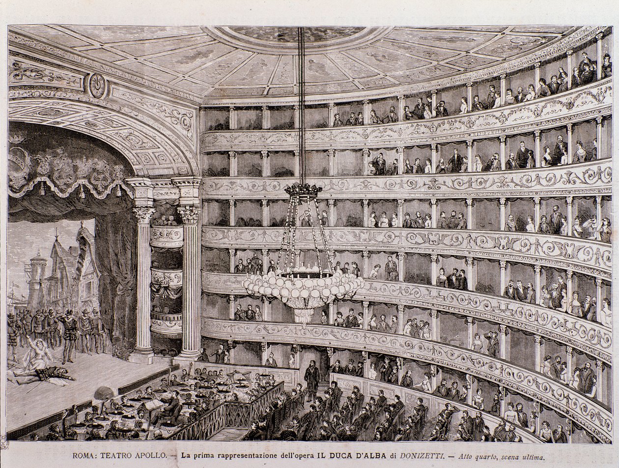 Vista de la primera representación de la ópera El duque de Alba, en el Teatro Apollo, Roma de Unknown artist