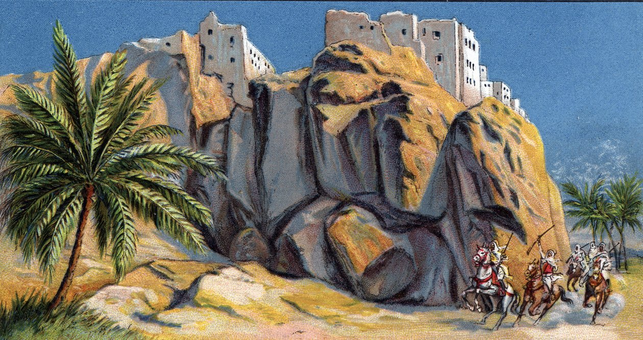 Vista de la ciudad fortificada de Al-Hadjaren (Alhadjaren), Yemen (View of Al Hadjaren, Yemen) Cromolitografía de 1930 Colección particular de Unknown Artist