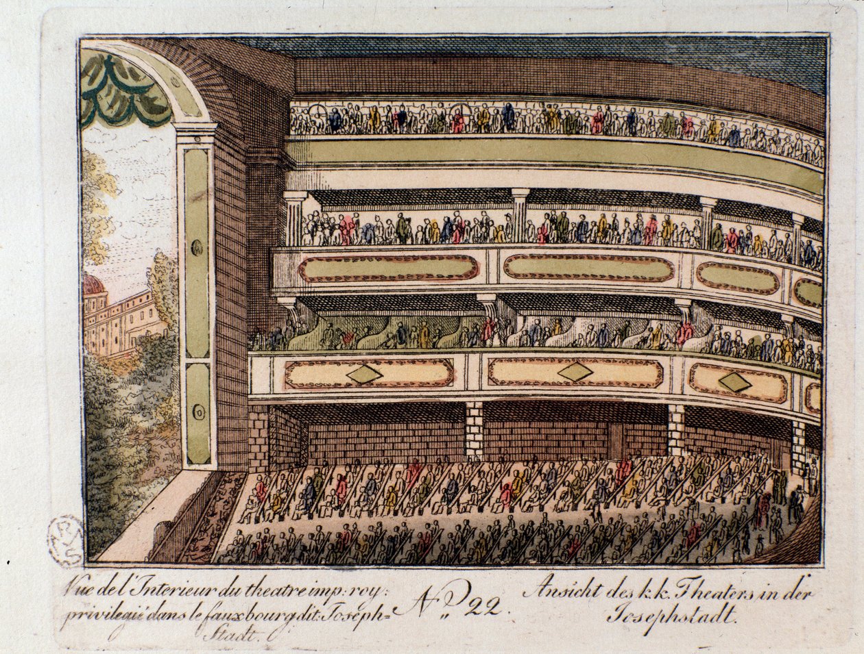 Vista del interior del Teatro Imperial en el distrito de Josephstadt en Viena. Austria. Grabado de 1815. Colección privada de Unknown artist