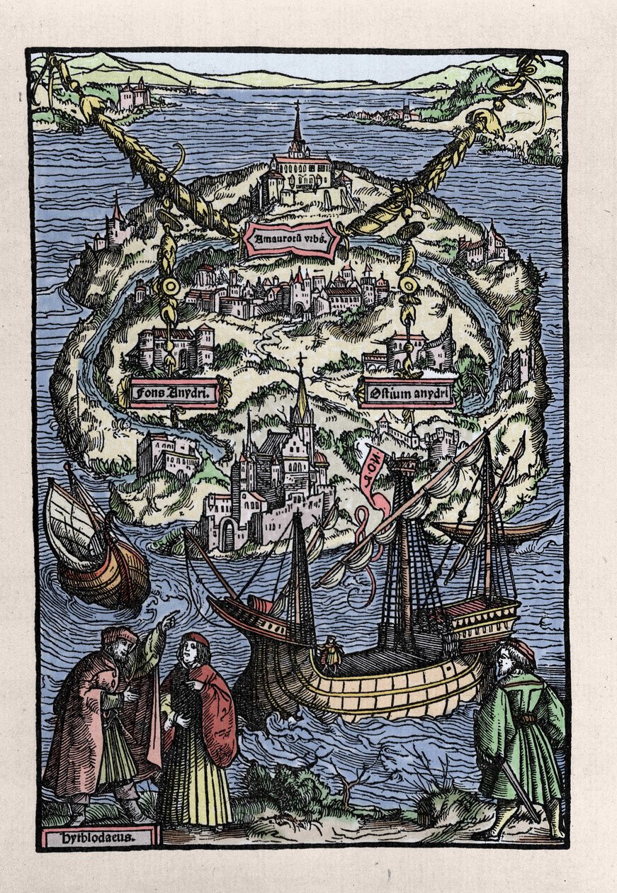 Vista de la isla de Utopía del libro de Thomas More (1478-1535), 