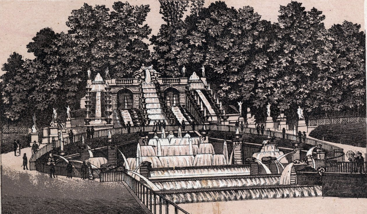 Vista de la gran cascada en el parque de Saint-Cloud, Francia. en "El mundo ilustra 168 vistas" Sin fecha (finales del siglo XIX) de Unknown artist