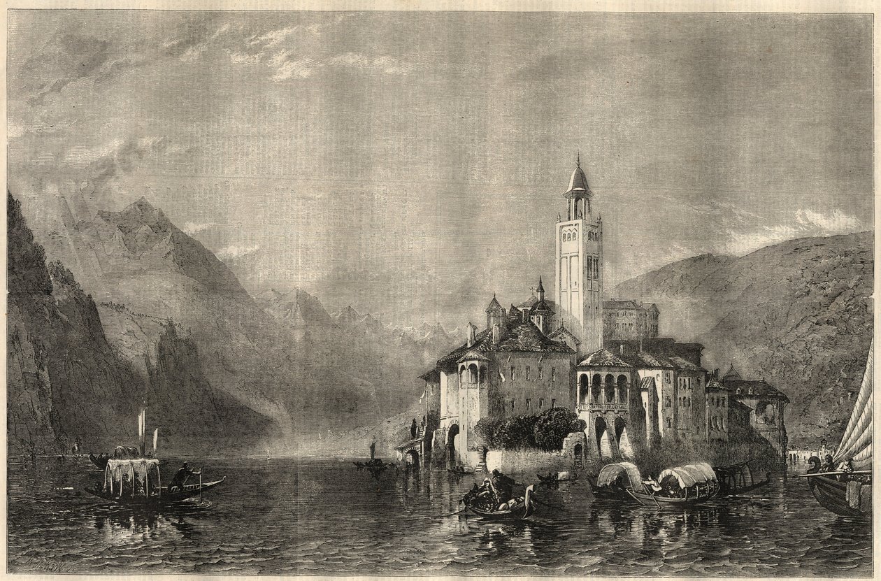 Vista del monasterio Mater Ecclesiae en la isla de San Julio en el lago Orta en Italia. Grabado después de una pintura de William Collingwood Smith (1815-1887). En “The Illustrated London News” del 22 de marzo de Unknown artist