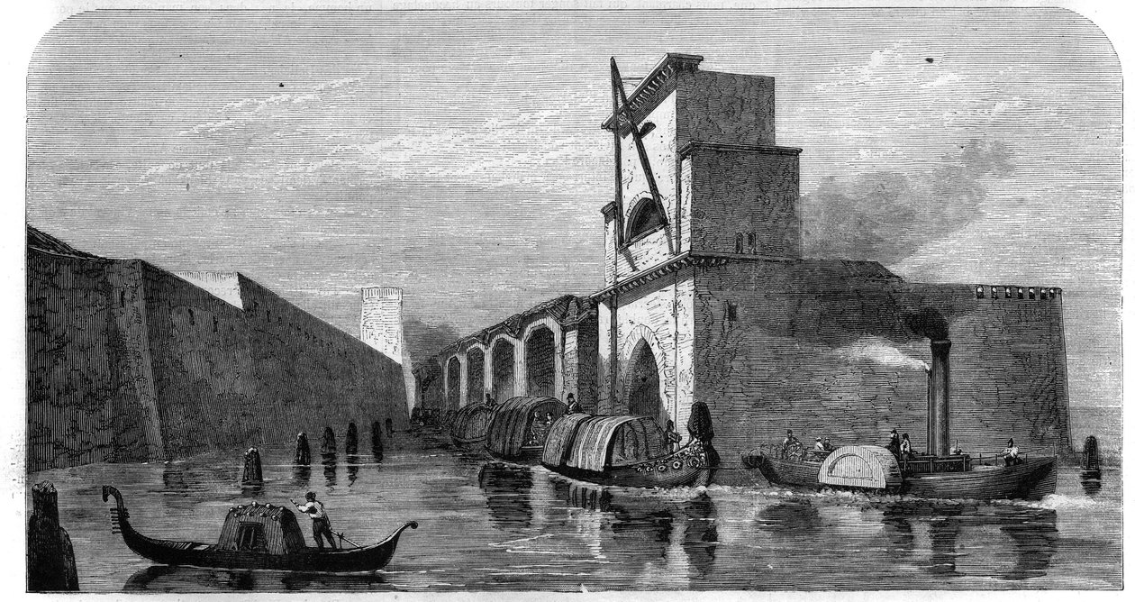 Vista del antiguo arsenal de la ciudad de Venecia, Italia. Grabado en "L