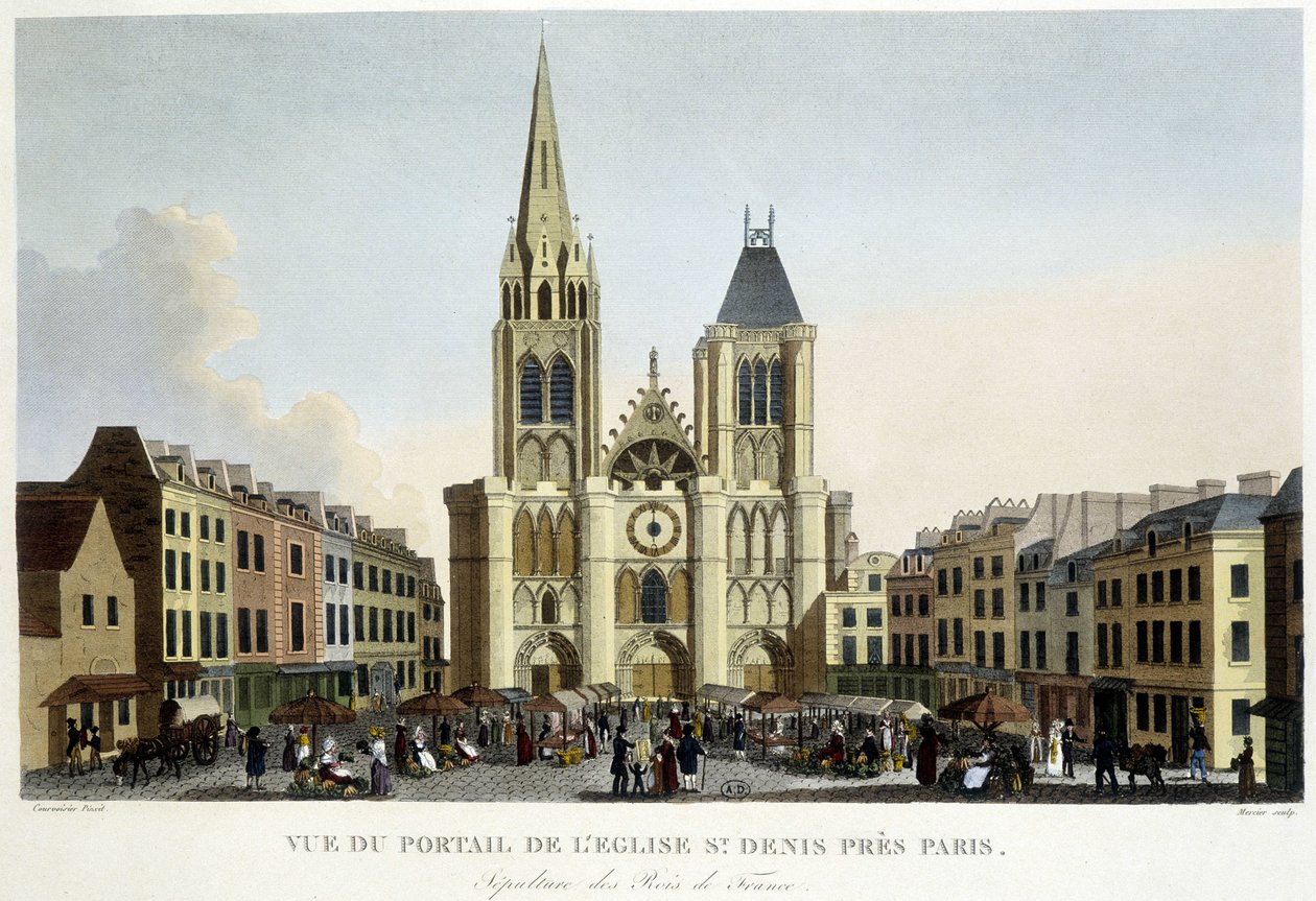 Vista del portal de la iglesia de St Denis, cerca de París, entierro de los reyes de Francia, y mercado en la plaza - en “Paris par Courvoisier” de Unknown artist