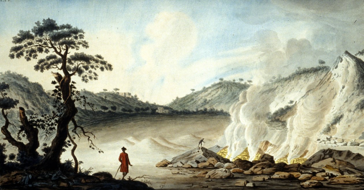 Vista de la solfatara, terreno volcánico que emana vapores calientes y gases de azufre. Pozzuoli cerca de Nápoles. Siglo XIX de Unknown artist