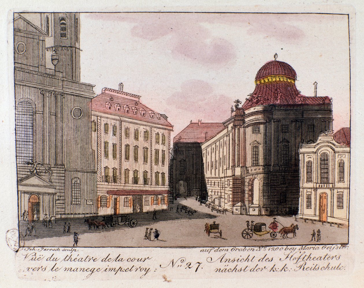 Vista del teatro y el patio hacia el picadero imperial en Viena, Austria. Grabado de 1815 Colección privada de Unknown artist