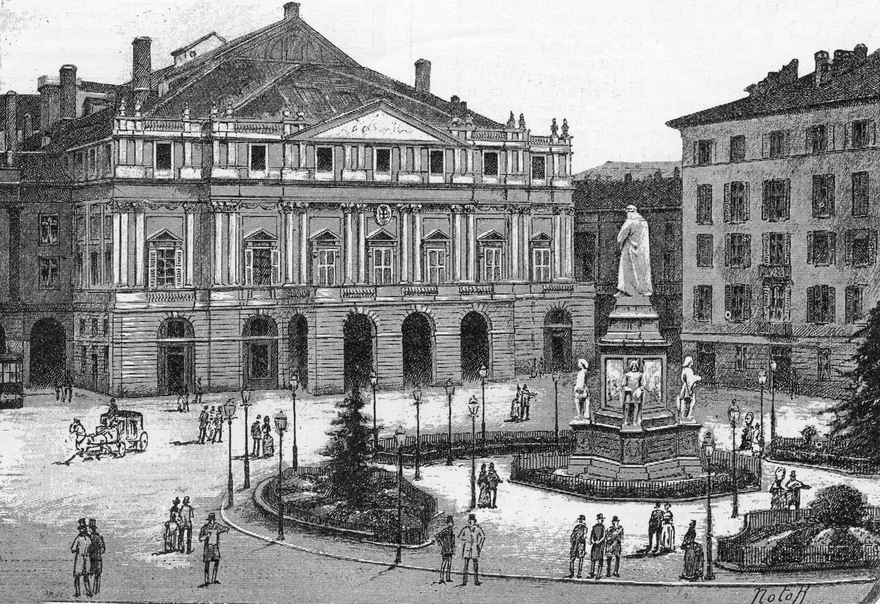 Vista del teatro de La Scala en Milán, Italia. (Teatro alla Scala Milano) Grabado en “El Mundo Ilustre” de Unknown artist