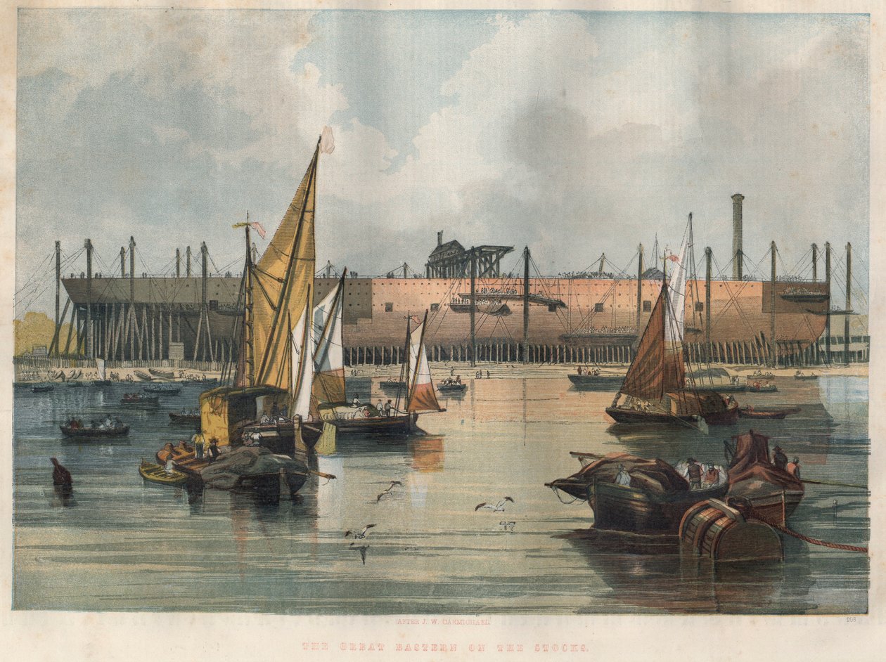 Vista del transatlántico “Great Eastern” (Leviathan) en construcción en el astillero del Támesis en Londres. Grabado en “The Illustrated London News” del 7 de noviembre de 1857. de Unknown artist