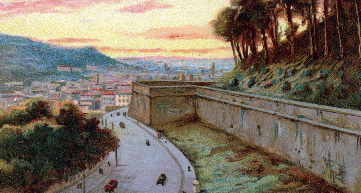 Vista de las murallas del viale Vaticano entre el Estado de la Ciudad del Vaticano y Roma, Italia Cromolitografía de la década de 1930 Colección privada de Unknown Artist