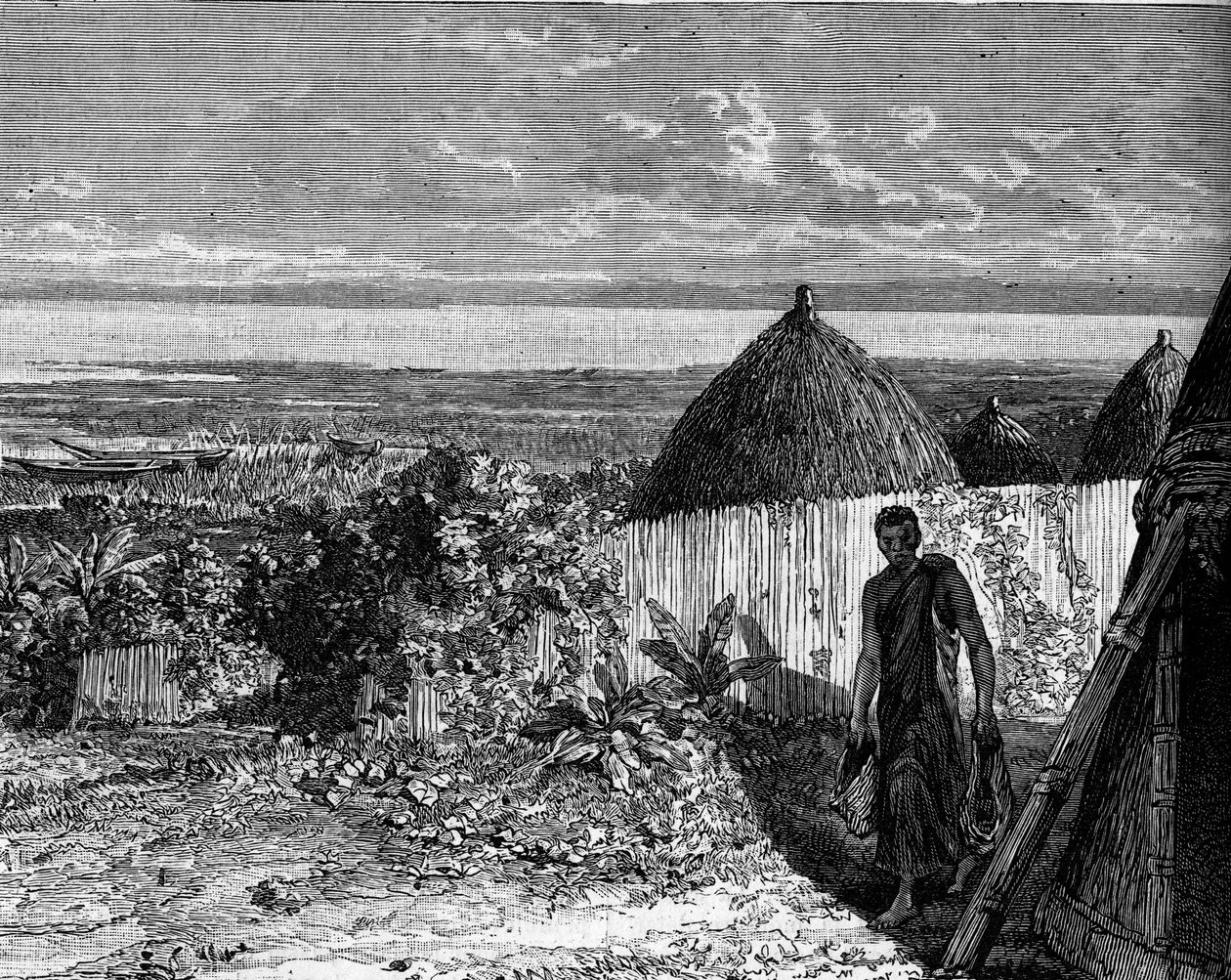 Pueblo en las orillas del lago Alberto Nyanza (o lago Alberto), África. Grabado en “El diario de la juventud” de Unknown artist