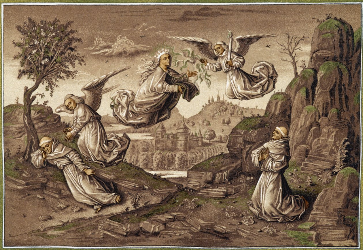 Visión de San Francisco de Asís, acuarela de Nordmann (San Francisco ve en un sueño el milagro del ángel que arroja sobre la tierra culpable ramas de fuego que Nuestra Señora apaga en sus manos) - en "San Francisco de Asís" de Unknown artist