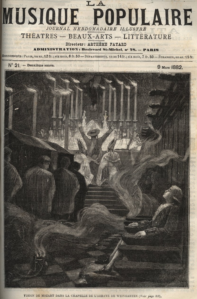 Visión de Wolfgang Amadeus Mozart (1756-1791) en la capilla (gran órgano) de la Abadía de Weingarten en Alemania - grabado en 
