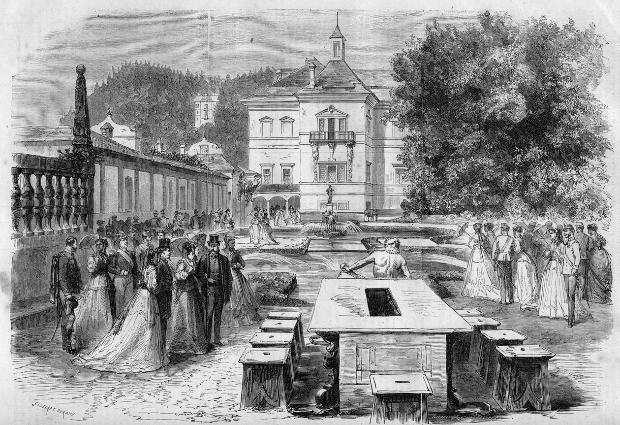 Visita del Emperador Francisco José (1830-1916) y la Emperatriz Isabel de Austria (Sissi) (1837-1898) con Eugenia (1826-1920), Emperatriz de los Franceses y Napoleón III a la residencia imperial de Hellbrunn en Austria el 21 de agosto de Unknown artist