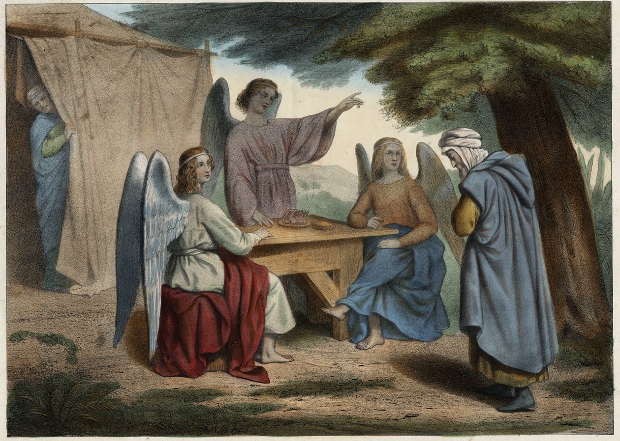 Visita de los Tres Ángeles a Abraham: Abraham se entera de que su esposa Sara (en el fondo), ya muy anciana, pronto le dará un hijo. Grabado anónimo de mediados del siglo XIX. de Unknown artist