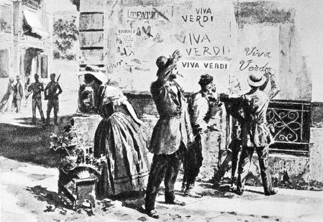 Viva Verdi: Inscripciones entusiastas para Giuseppe Verdi en Nápoles (reino de las dos Sicilias) bajo la ocupación austriaca en 1859, tras la prohibición de su ópera “Un Ballo in maschera” (V.E.R.D.I. = Vittorio Emanuele Re d