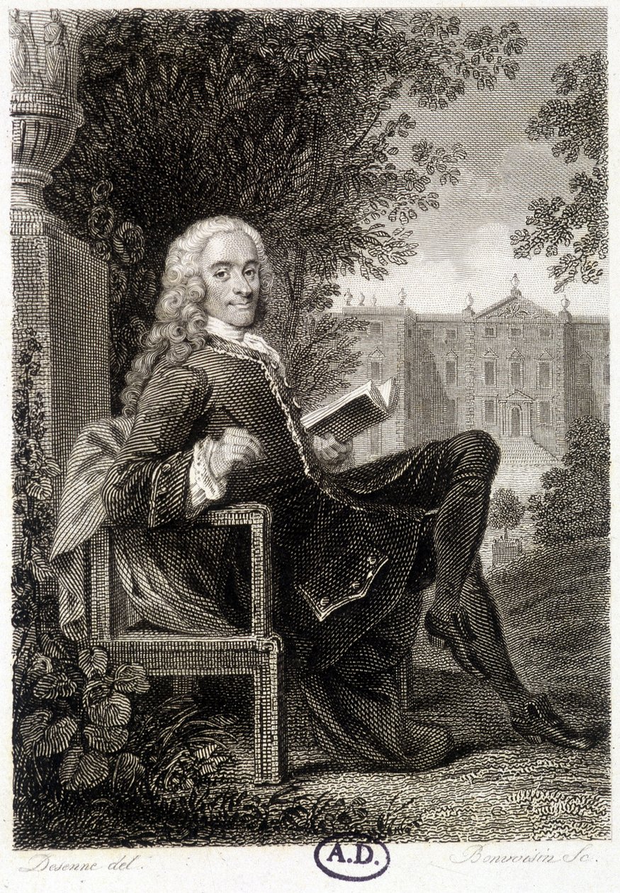 Voltaire leyendo en un parque - grabado de Unknown artist