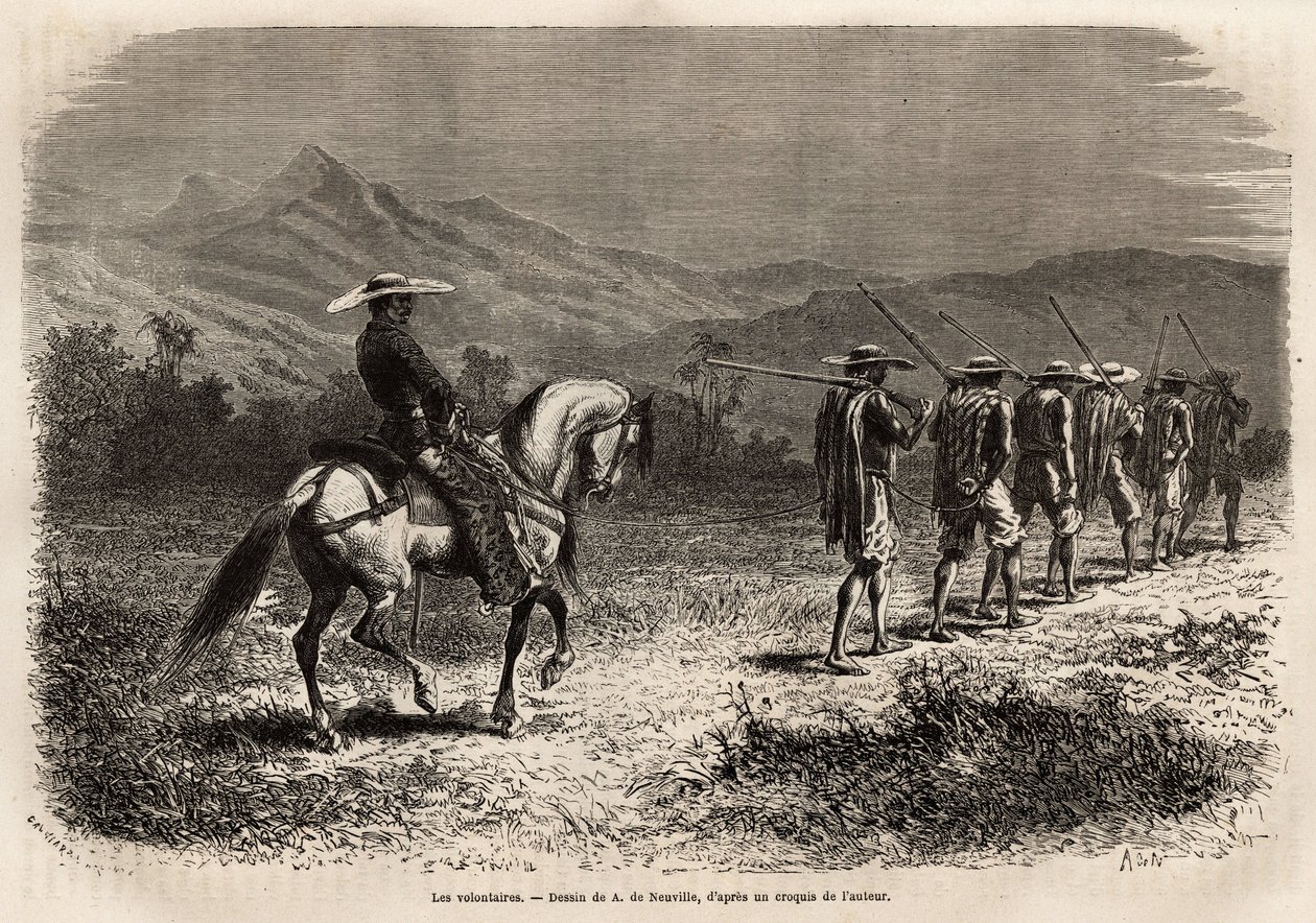Voluntarios en camino a Cali, una larga fila de hombres con las manos atadas a la espalda, conectados por una cuerda entre sí, una cuerda sostenida por un soldado a caballo, que los lleva a un campo de entrenamiento militar. Grabado para ilustrar el viaje  de Unknown artist