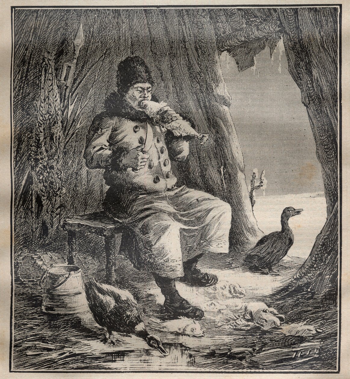 Viajes de Charles Rabot (1856-1944): Ostiak (Khanty o Khante) de Siberia comiendo pescado - Grabado en "La Science française" de Unknown artist