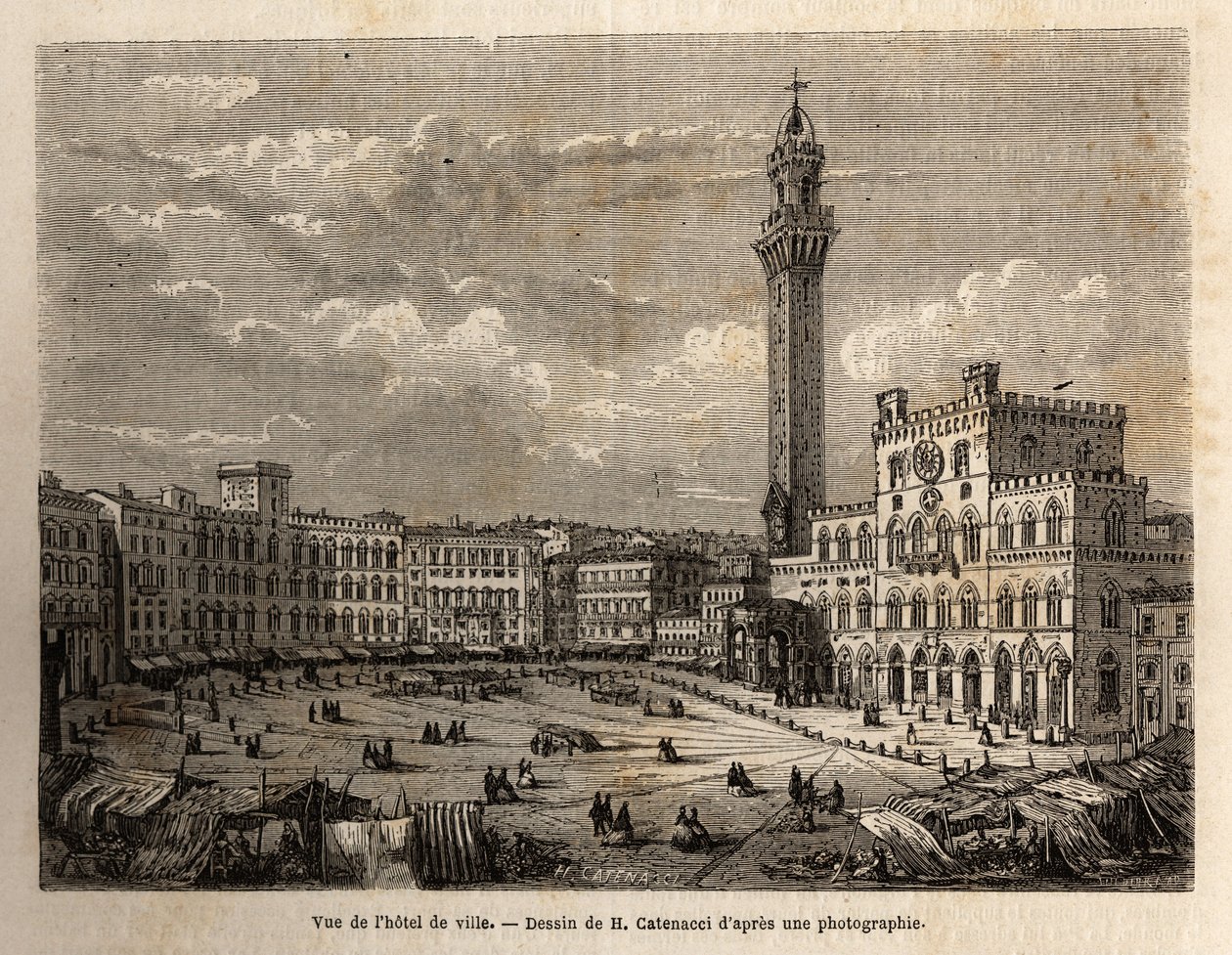 Vista de la plaza del ayuntamiento de Siena, grabado para ilustrar un viaje a Siena (Italia) en 1865, en “Le tour du monde, nouveau journal des voyages” publicado bajo la dirección de Edouard Charton de Unknown artist