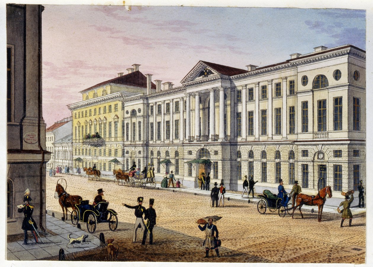 Vista exterior del Hotel des Postes de San Petersburgo (Álbum de Marie Taglioni) (Post Hotel en San Petersburgo (Álbum de Marie Taglioni). Aguafuerte y acuarela anónimos, década de 1840. Moscú, Museo Estatal de A.S. Pushkin. de Unknown artist